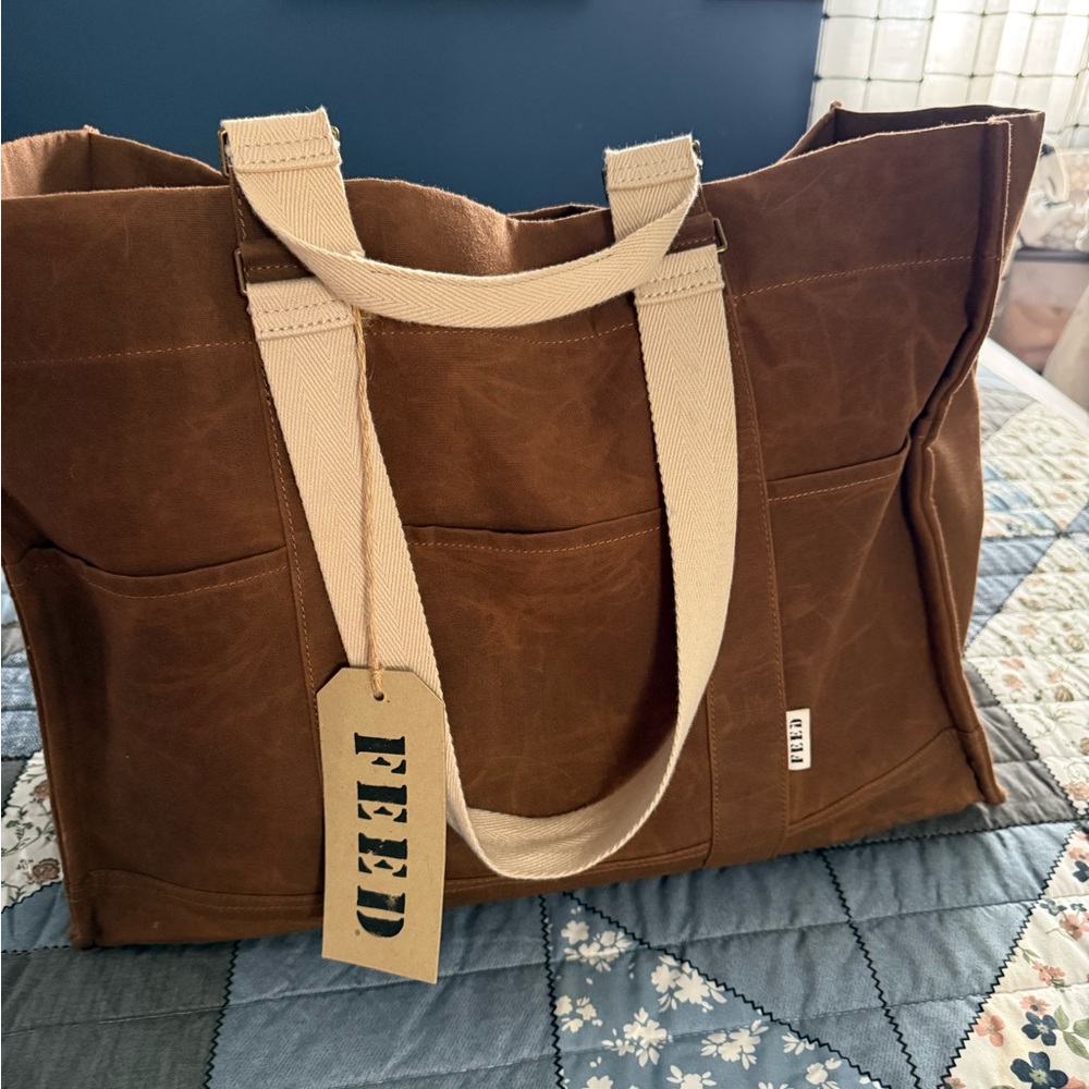 FEED Brown Canvas Tote Bag with Cream Straps